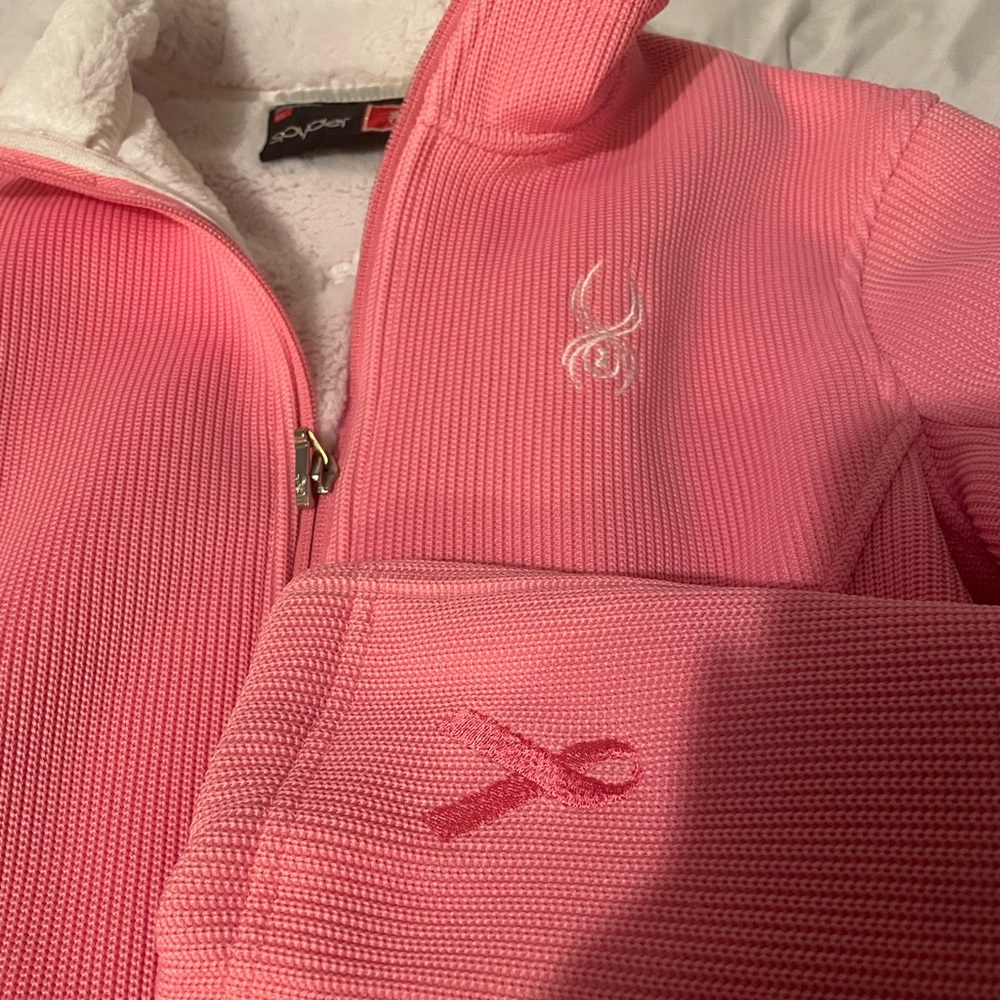 Women size Large SPYDER pink ribbon breast cancer awareness fuzzy zip-up.